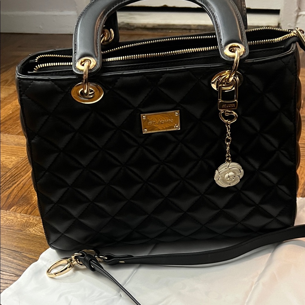 St. John Collection Black Quilted Satchel with Gold Accents